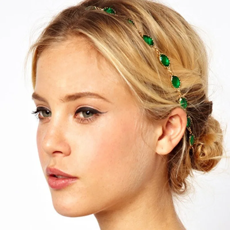 Boho Ślubny łańcuszek na głowę Owalny Rhinestone Eleganckie nakrycia głowy Zielone kryształowe opaski na głowę dla kobiet Biżuteria akcesoriów do włosów