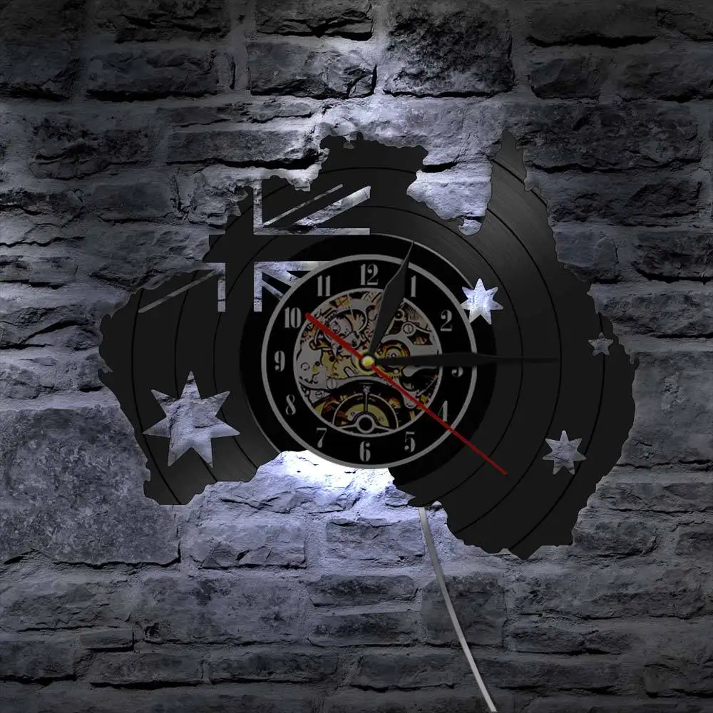 Australia Flag Vintage Australia Travel Souvenir Patriotic Wall Art Clock Watch Country Map of Australia Vinyl Record Wall Clock