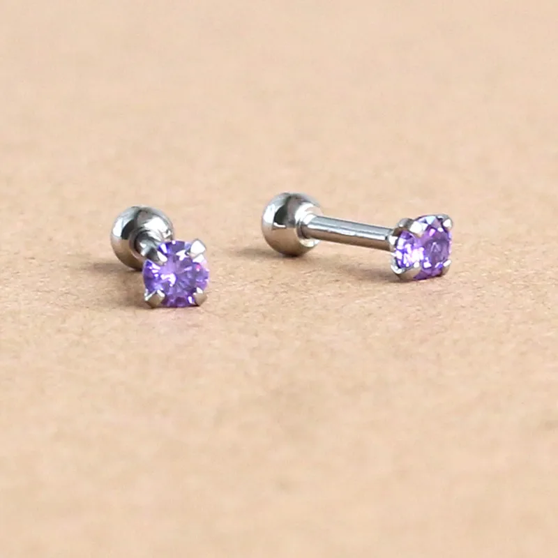 Titanium  Screw Stud Earrings With 3mm Purple AAA Zircon 316L Stainless Steel No Fade Allergy