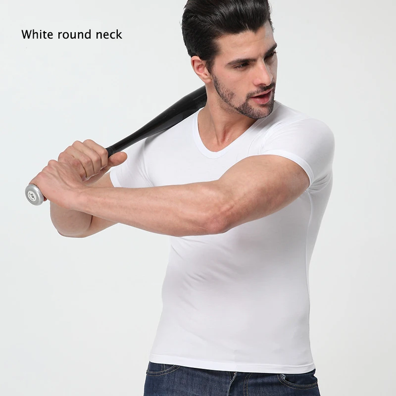 Ropa interior MODAL de color sólido para hombre, ropa ajustada de manga corta, transpirable, con cuello redondo