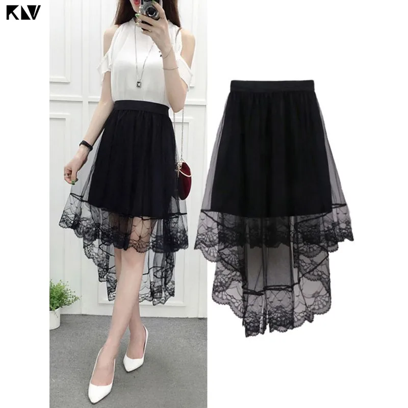 KLV Women Summer High Waist Layered Sheer Mesh Swallowtail Midi Long Skirt Asymmetric Scalloped Lace Hem Pleated Party Skirt