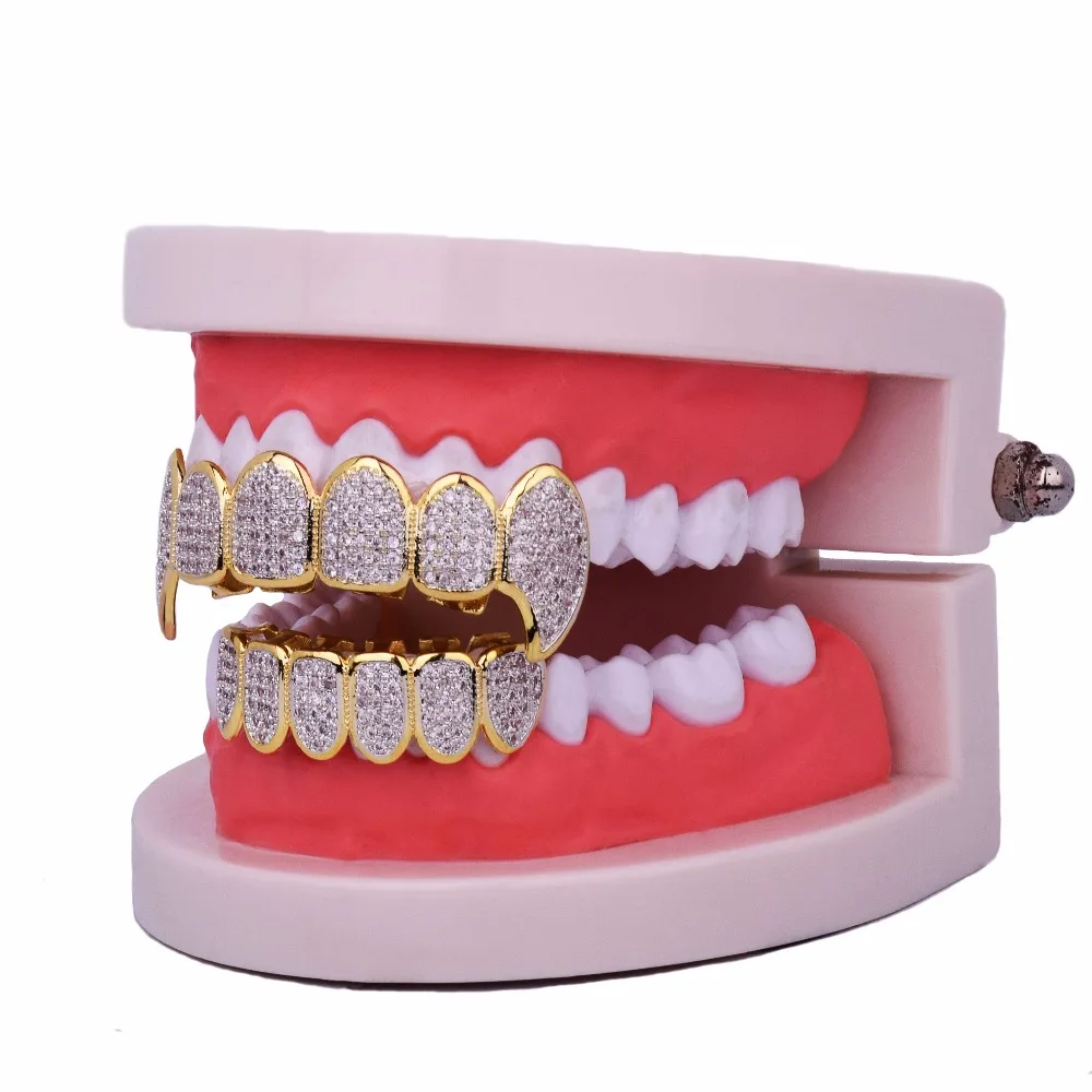 Shining Hip Hop Grillz Iced Out CZ Fang Mouth teeth grills Caps Top & Bottom tooth Set Men Women Vampire Grills Fashion Jewelry