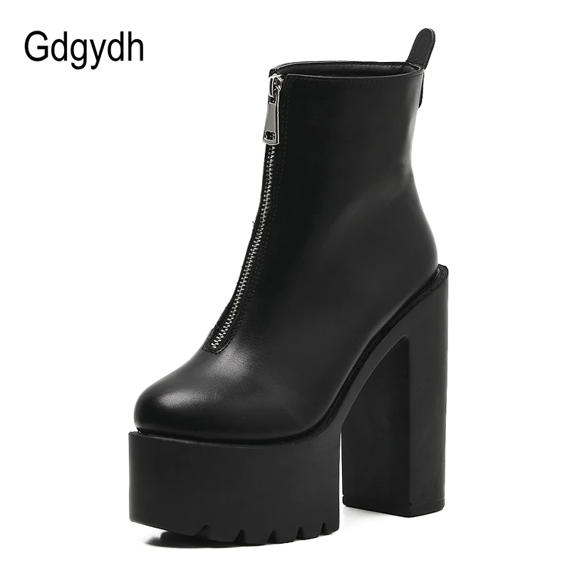 Gdgydh Fashion Autumn Women Ankle Boots Leather Black Female High Heels Shoes Ultra High Platform Heels Round Toe Lady Shoe