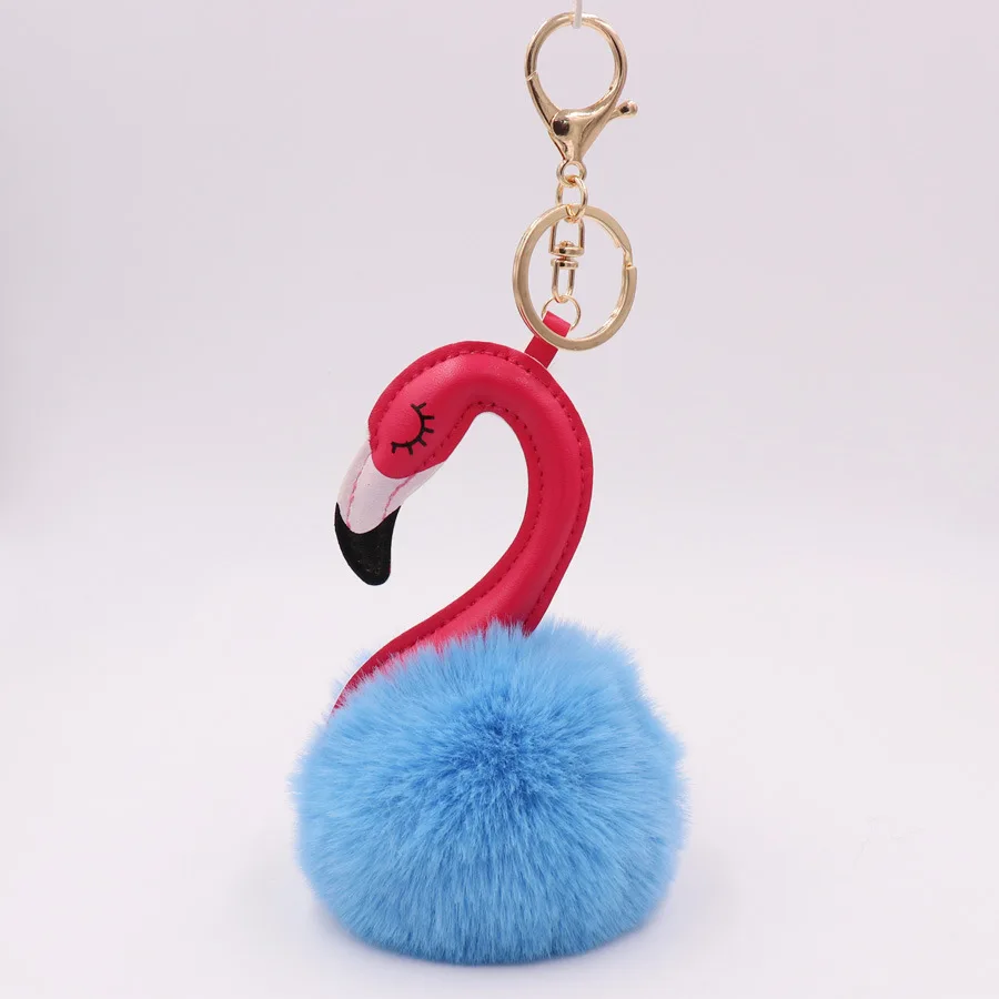 Fashion Keychain Ball Key Rings Cute Plush Bird Style Flamingo Pendant Key Chain Alloy Keyring For Women Car Bag Hang Key chain