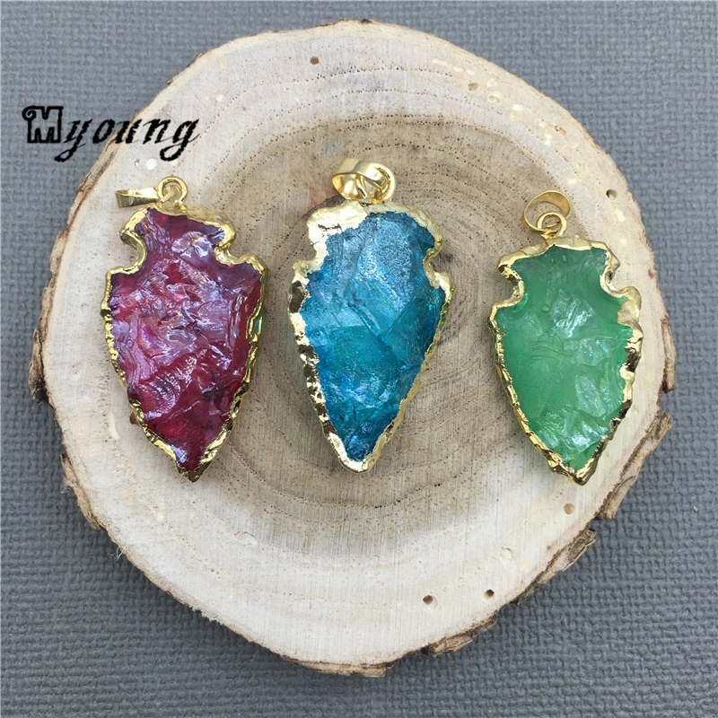 

Arrowhead Shape Multicolor Crystal Charm With Gold Electroplated Edges and Bails,Nature Stone Pendant MY1462