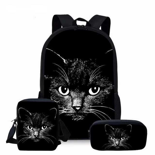 Gothic Moon Phase Black Cat Print Large Capacity Schoolbag for Teenager Girls 3Pcs/Set School Rucksack Children Backpack