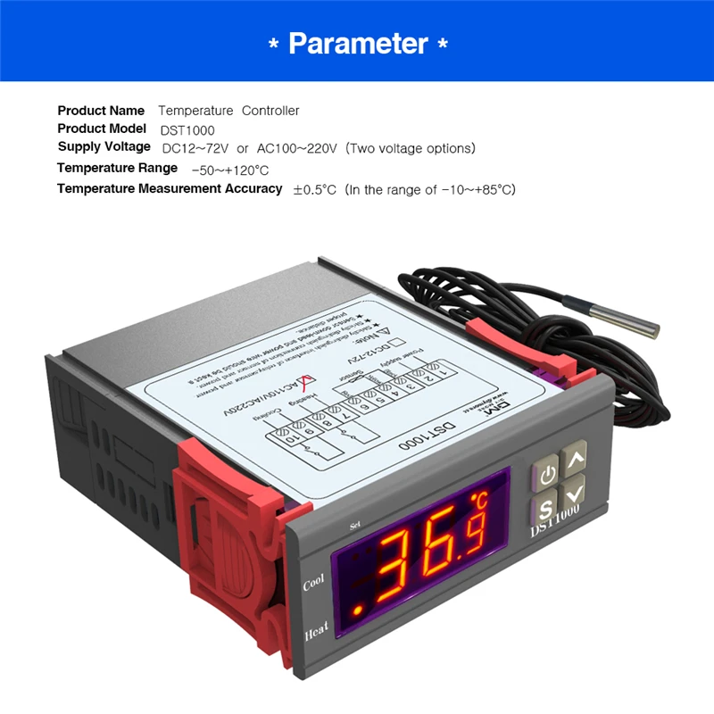 DST1000/1020 Digitaler Temperaturthermostat mit LED-Anzeige, Controller-Sensor, Dual-Modus für Inkubator, DC 12-72V, AC 110V 220V – Detail 6