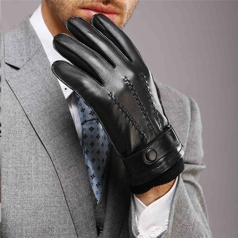 Men's Genuine Leather Gloves Male Cashmere Knitted Lined Black Lambskin Leather Gloves Belt Button M016WZ-1