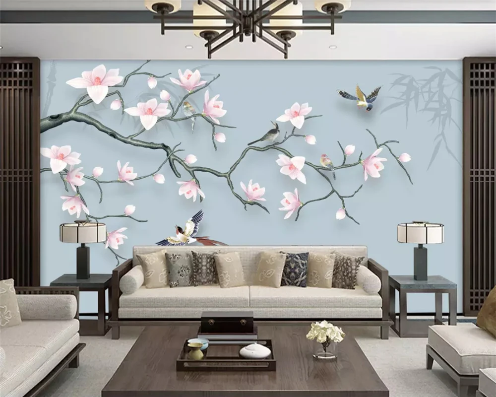 beibehang Custom three-dimensional magnolia flower hand-painted flowers and birds new Chinese background wallpaper papier peint