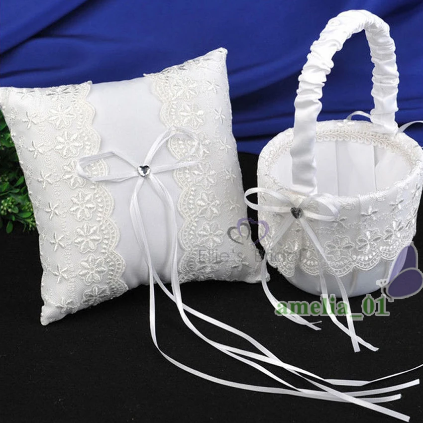 2Pcs/set Ivory satin Wedding Ceremony Decorations Satin Ring Pillow + Flower Basket Party Decor Products Wholesales