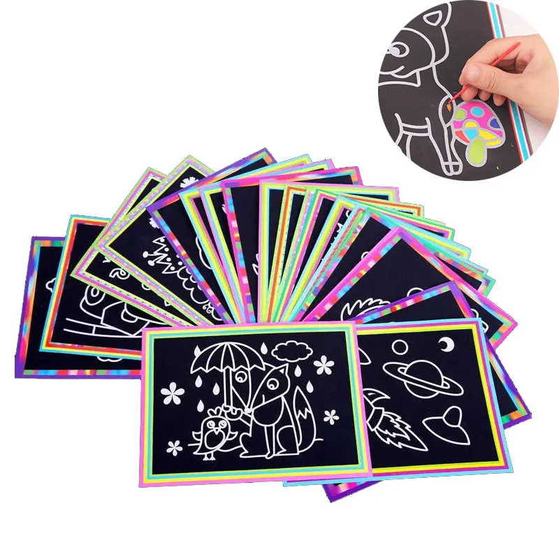 10 pcs 13x 9.8cm Scratch Art Paper Magic Painting Paper with Drawing Stick For Kids Toy Colorful Drawing Toys