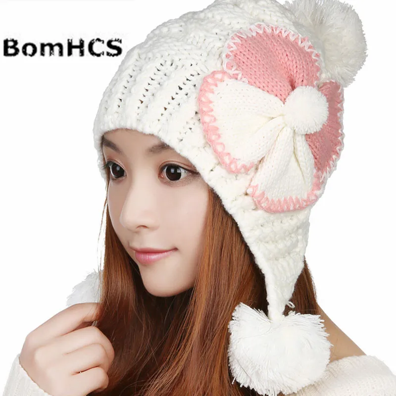 BomHCS  5 Colors Kawaii Cute Winter Warm Ear Muff Women Handmade Crothet Knit Hat Beanie Cap With Big Flower