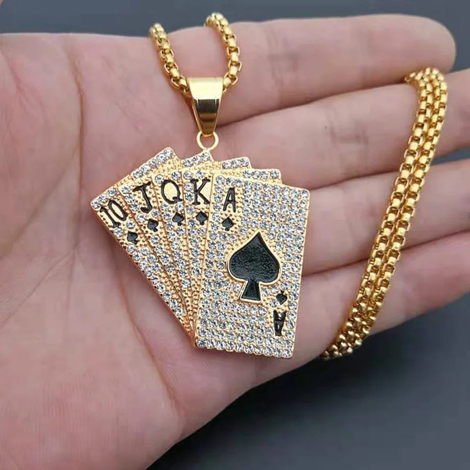 Hiphop Iced Out Playing Card Straight Flush Pendant With Stainless Steel Chain Men's Poker Necklace Golden Jewelry Dropshipping