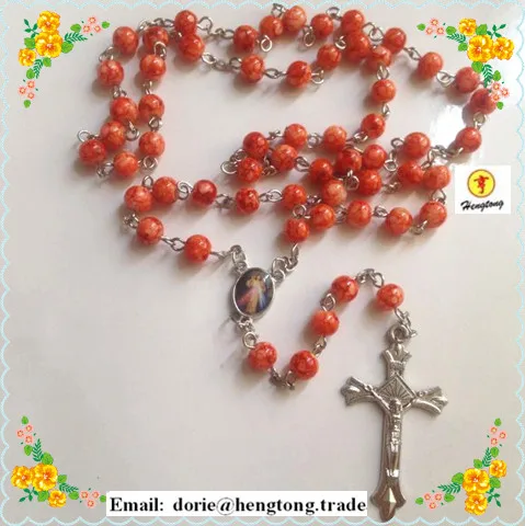 Free shipping   green  and orange glass bead rosary necklace aolly chain rosary religious rosario