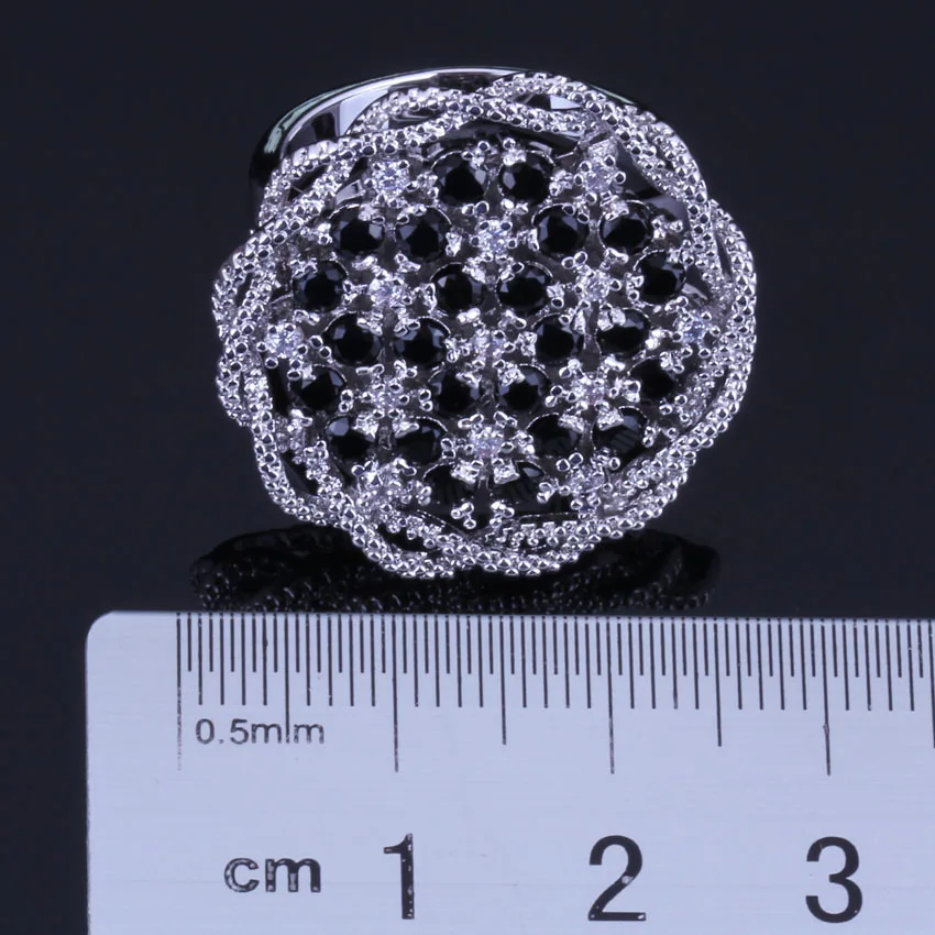 Absorbing Big Flower Black Cubic Zirconia White CZ Silver Plated Ring V0521