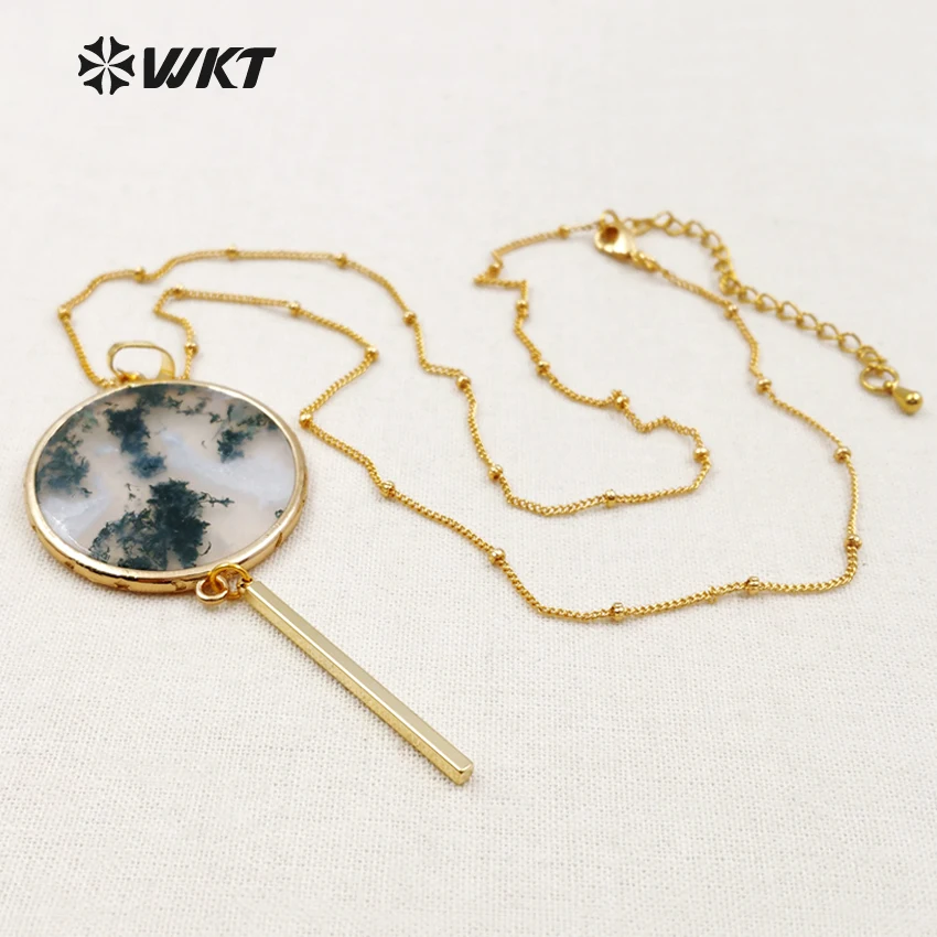 WT-N1105 fashion necklace natural stone slice pendant with gold strip or feather dangle pendant unique necklace for women gift