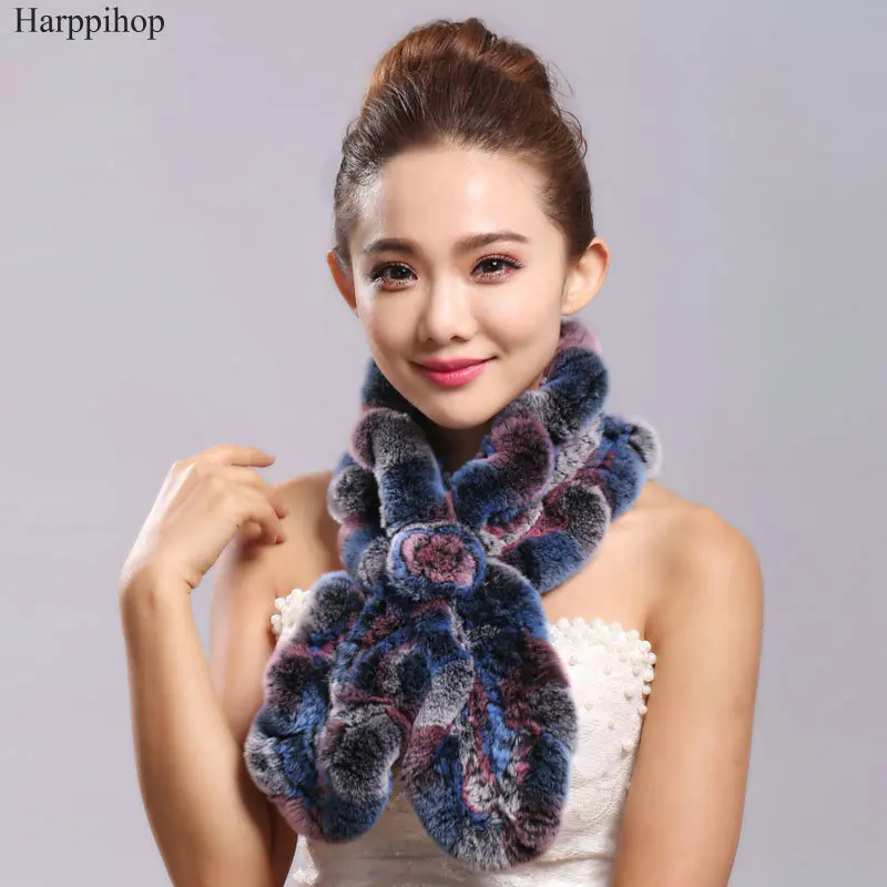 Women Scarf colorful Real Fur Elegant Girl Genuine Rex Rabbit Fur Brief Scarves Warm Fashion Russian Female Adult Winter Scarf