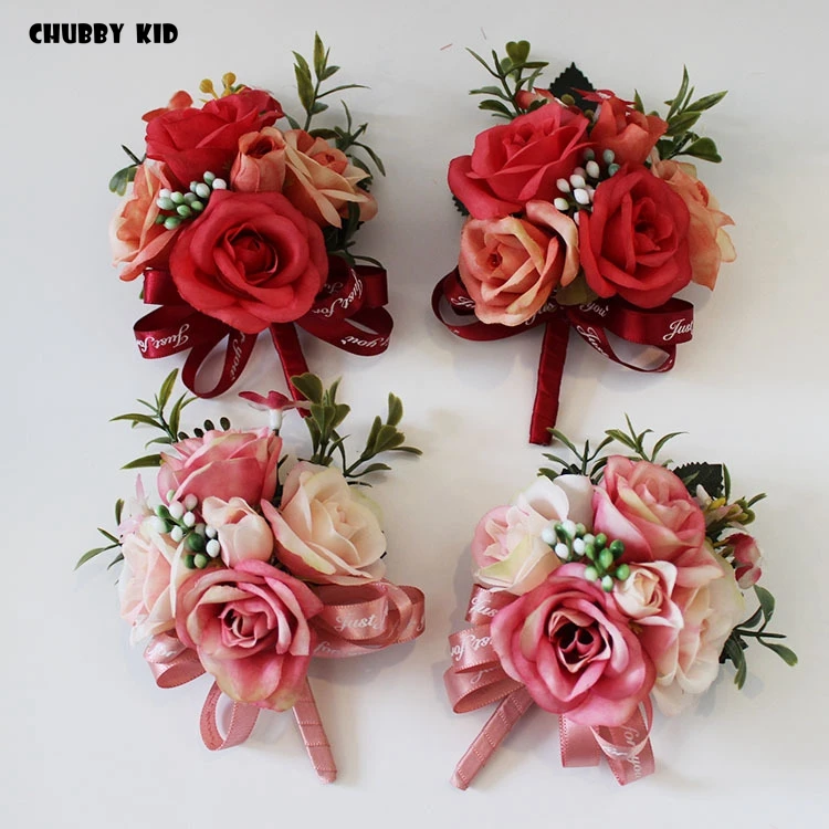 10pcs/lot! wholesale Hi-Q Artificial rose groom corsages wedding Boutonnieres Bridesmaid hand flower wedding wrist flowers RED