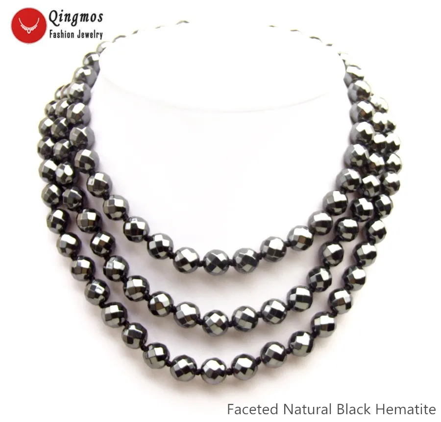 Qingmos Natural Hematite Necklace for Women with 3 Strands 10mm Black Round Faceted Hematite Stone Necklace Fine Jewelry nec6502