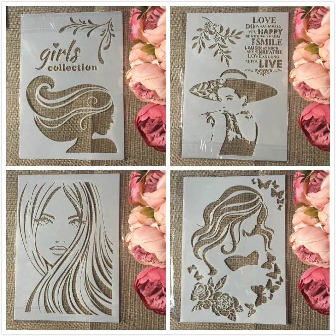 4Pcs/Set A4 Fashion Long Hair Girl DIY Layering Stencils Painting Scrapbook Coloring Embossing Album Decorative Template