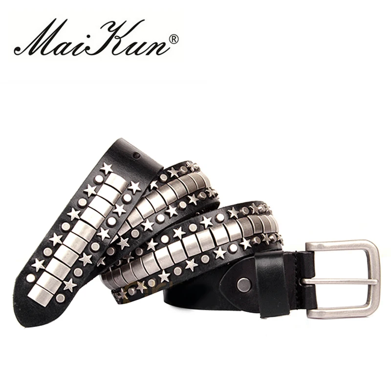 Studded Belts for Women Punk Rock Black Genuine Leather Studded Belts Men Belt Stud Silver Rivet