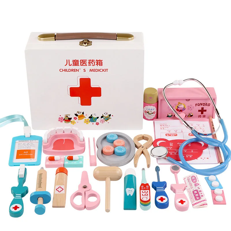 Children's wooden simulation Pretend Play Doctor toy nurse injection Game Medicine Box