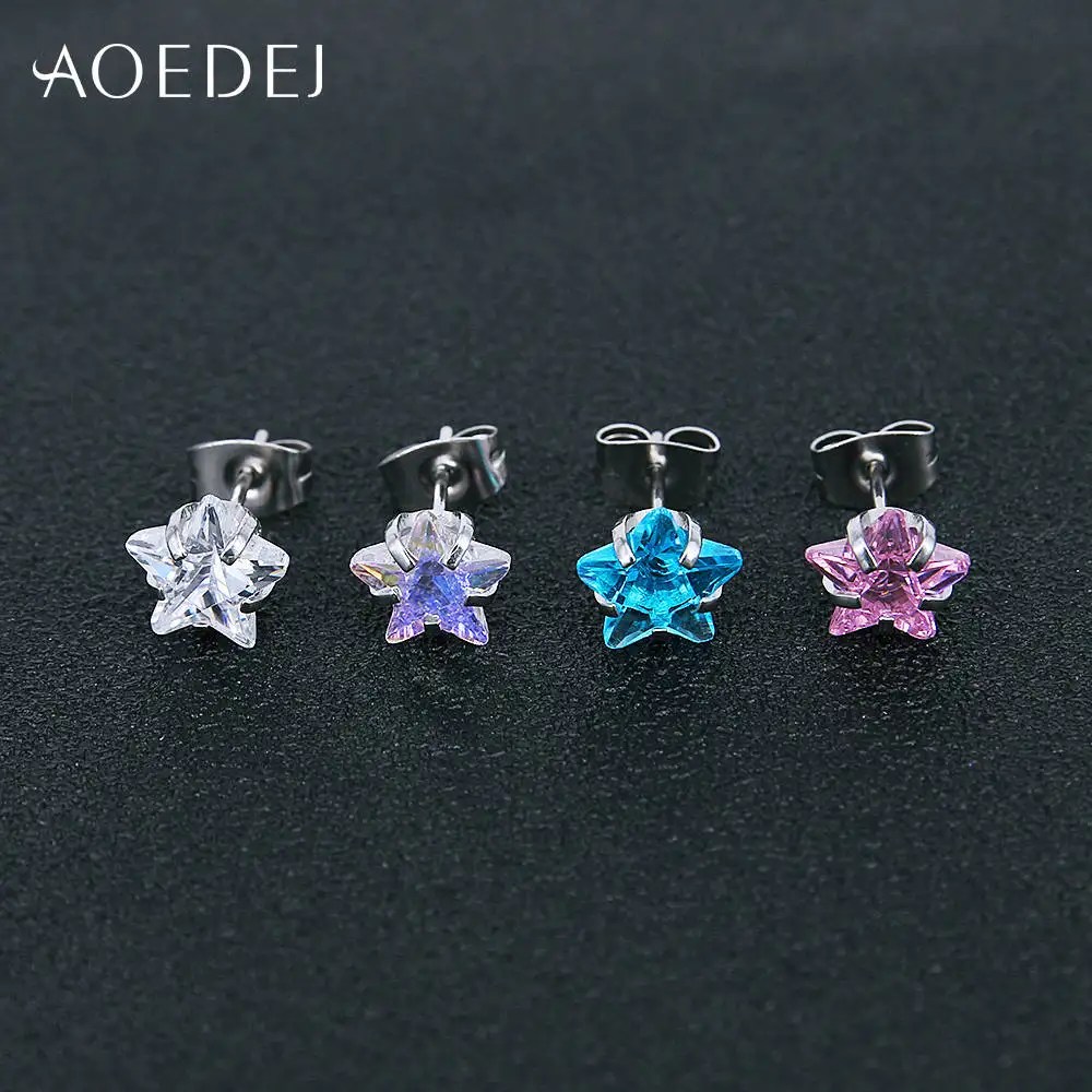 AOEDEJ 3-8mm Gold Color Star Earrings Stud Stainless Steel Stud Crystal Earrings Pink For Women Girls Heart Earrings Colored