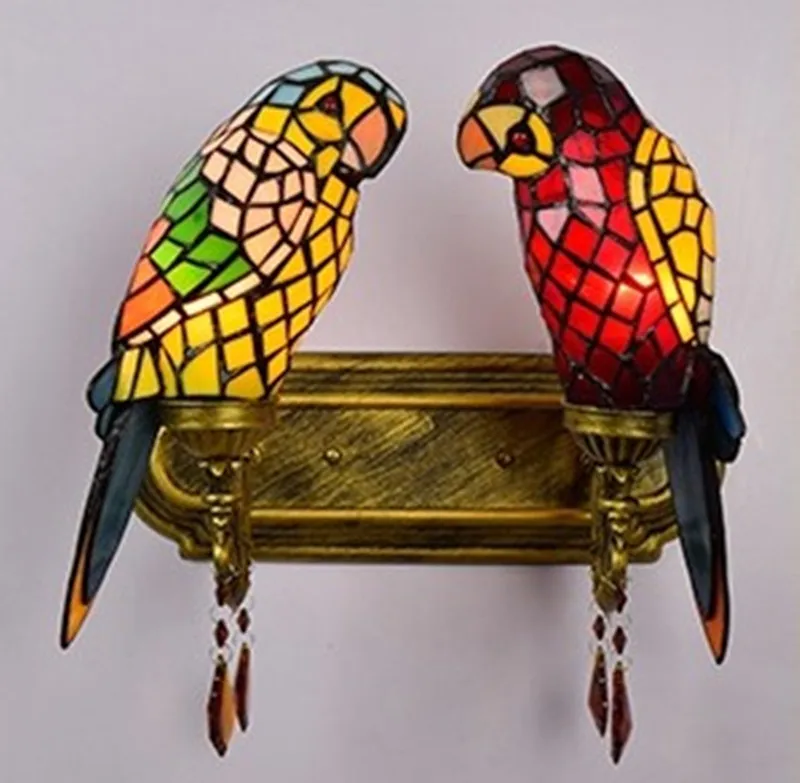 Stained Glass Double Parrots Wall Lamp Lighting Fixture modern Style Creative Bar Club Lobby Bedroom E27 base Led Wall Light