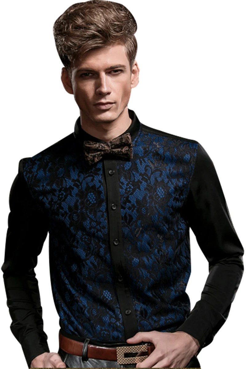 Free Shipping Fanzhuan New male fashion Men's shirt European Korean style stitching jacquard black lace long sleeved shirt 14206