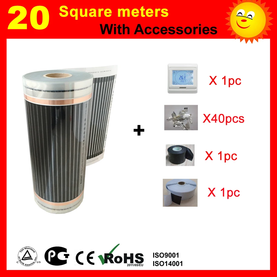 

20 Square meter under floor Heating film with thermostat and accessories , AC220V far infrared heater for house