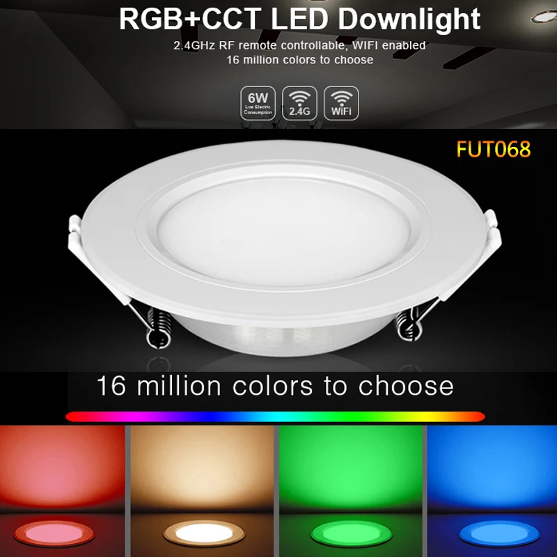 

FUT068 6 Вт RGB + CCT светодиодный светильник AC100-240V круглый умный светодиодный светильник с регулируемой яркостью совместимое приложение/2,4G Hz RF FUT092 пульт дистанционного управления