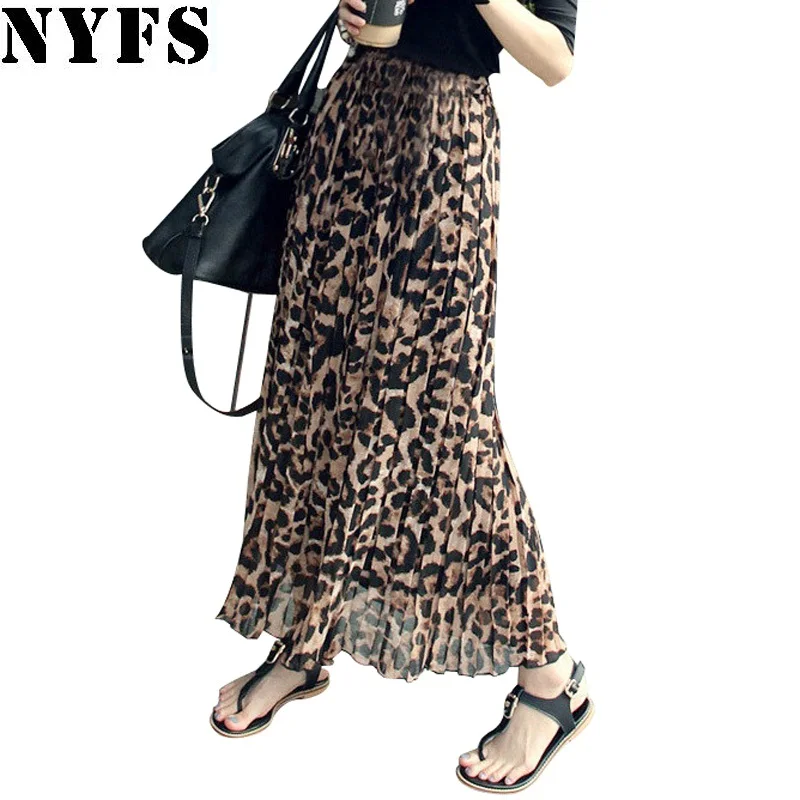 NYFS Japanese Style Summer Leopard print elegant Woman Skirts Chiffon Long beach pleated skirt  saias femininas