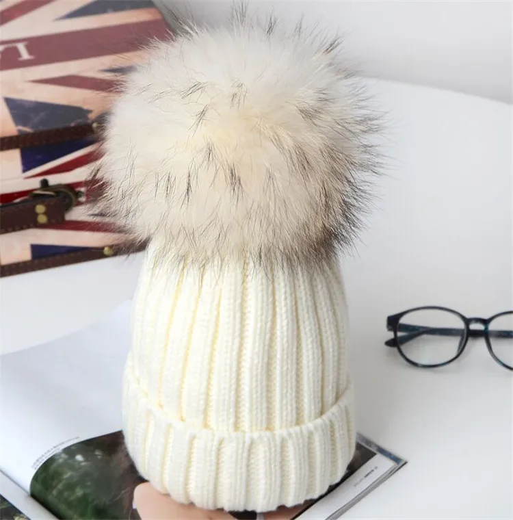 Hot Winter Big Real Fur Pompoms Knitted Beanies Caps New Thick Warm Knit Hats Gorras For Girls Women Boy and Child