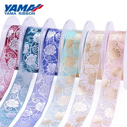 YAMA-Organza Flower Printed Ribbon, Gold and Silver, 25mm, 1 