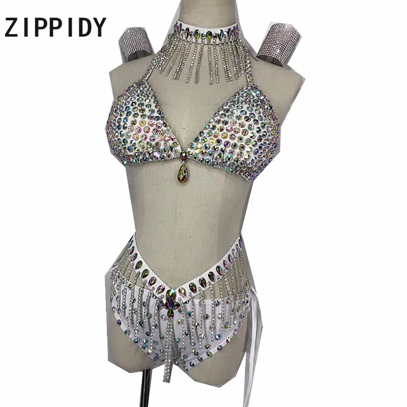 

Flashing Crystals Bra Short Lingerie Clothes Nightclub Bikini Set Female Singer Rhinestones Tassel Costume Women's Party Outfit