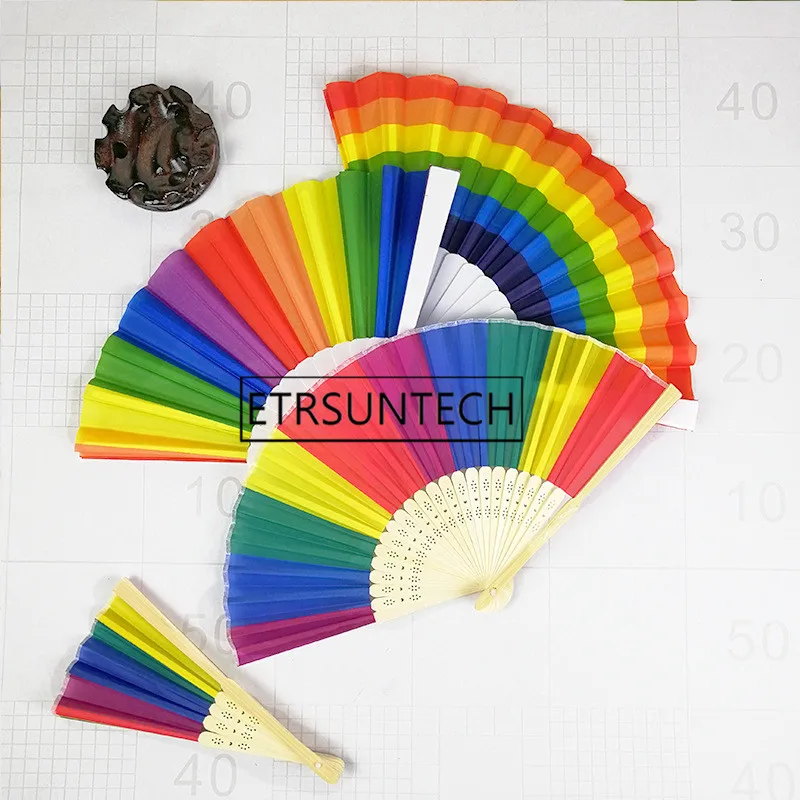 100pcs Rainbow Hand Held Folding Fan Silk Folding Hand Fan for Women Girl Wedding Party Favor and Gifts