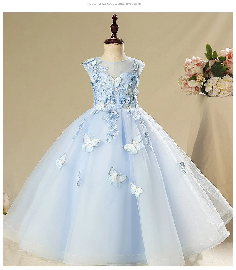 Elegant Kids Wedding Dress Butterfly Appliques Flower Girls Dress Long Pageant Party Ball Gown Girl Prom Princess Formal Dress