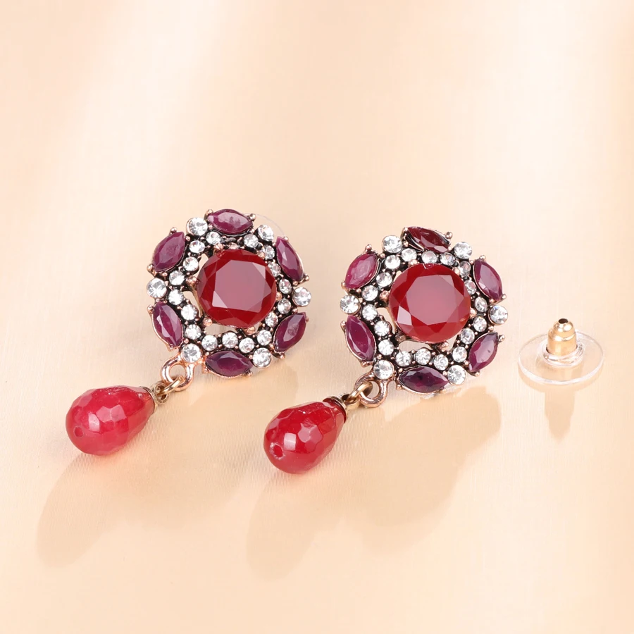 Kinel Brand Red Crystal Flower Drop Earrings For Women 2018 Vintage Natural Stone Earring Love Wedding Jewelry Party Gifts