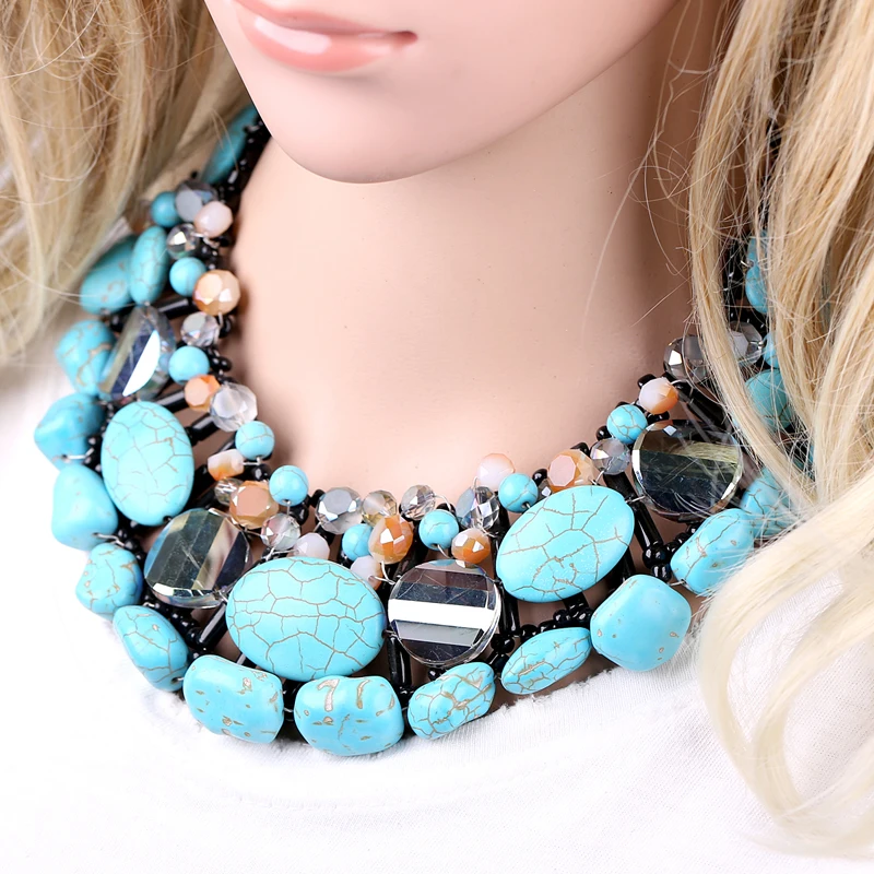 Popular High-end Statement Turquoise Necklace, Fashionable Handmade Crystals Beaded Bib Choker Necklaces for Women Party Jewelry