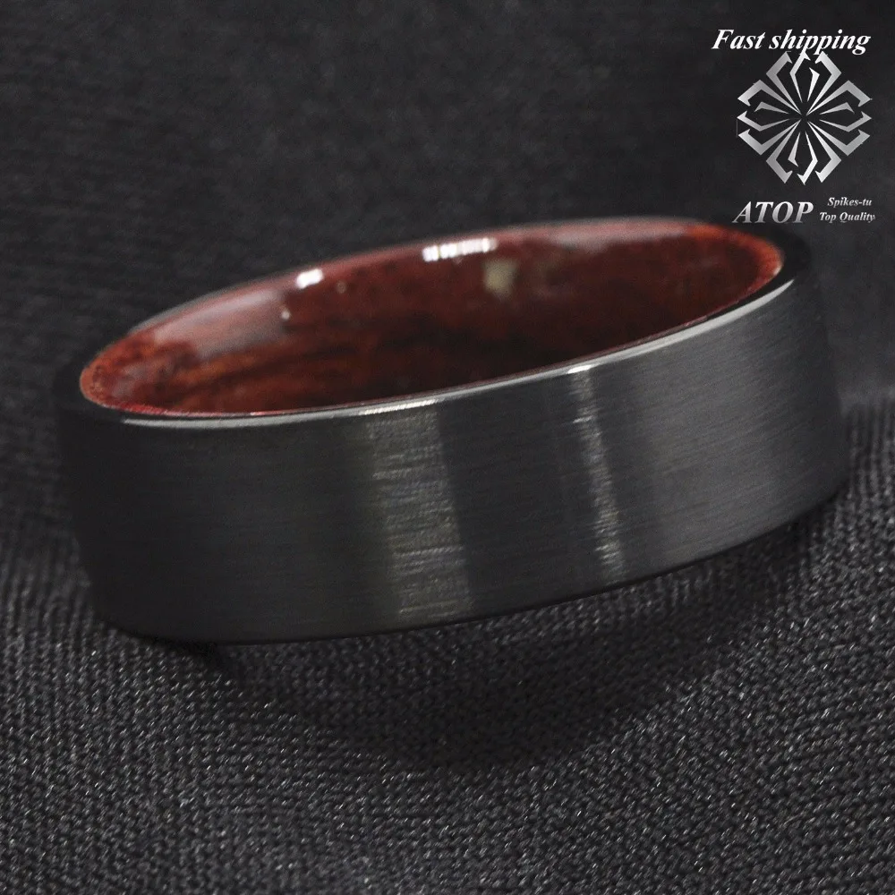 8mm Black Brushed Tungsten Red Sandal Wood Inlay Wedding Band Ring Men\'s Jewelry Free Shipping