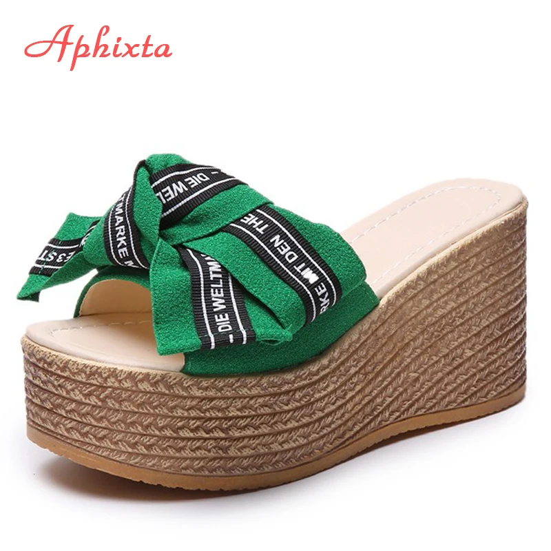 Aphixta platformy kapcie na platformie kobiety buty outdoorowe Clog Riband Butterfly-knot sandały dziewczyny Flip Flop slajdy Pantoufle Femme