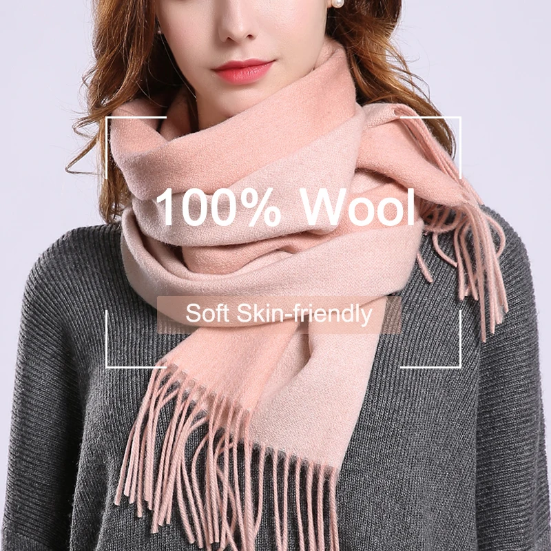 Winter Women 100% Wool Scarves Autumn Warm Pink Echarpe Femme Luxury Shawls and Wraps Ladies Neckerchief Pashmina 170X30CM