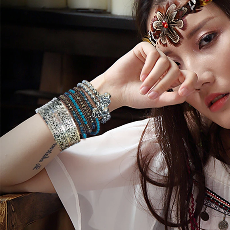 أساور نحت خمر موضة التبت الفضة مطلي الفيل البومة جرس السحر سوار مُزين بالخرز الهندي مجوهرات النساء هدايا