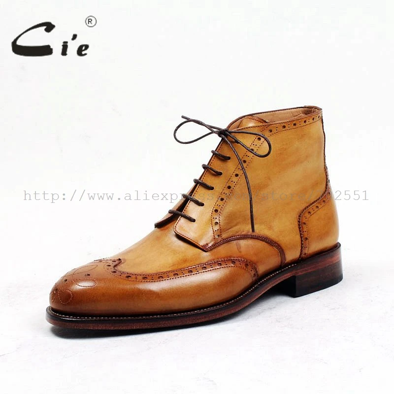 cie round toe full brogues medallion 100%genuine calf leather boot patina brown handmade leather lacing men's ankle boot  A98