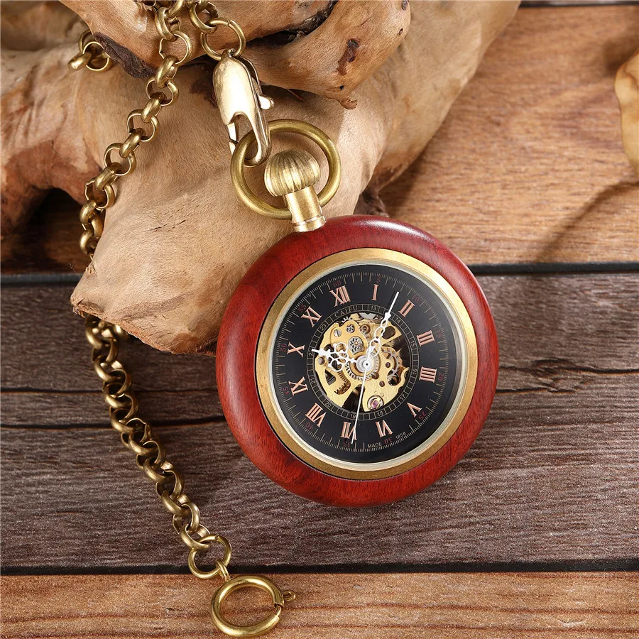 Wooden Golden Pocket Mechanical Watch Ladies Men's Hand Wind Chain Necklace  Wooden Watches for Men and Women Unisex