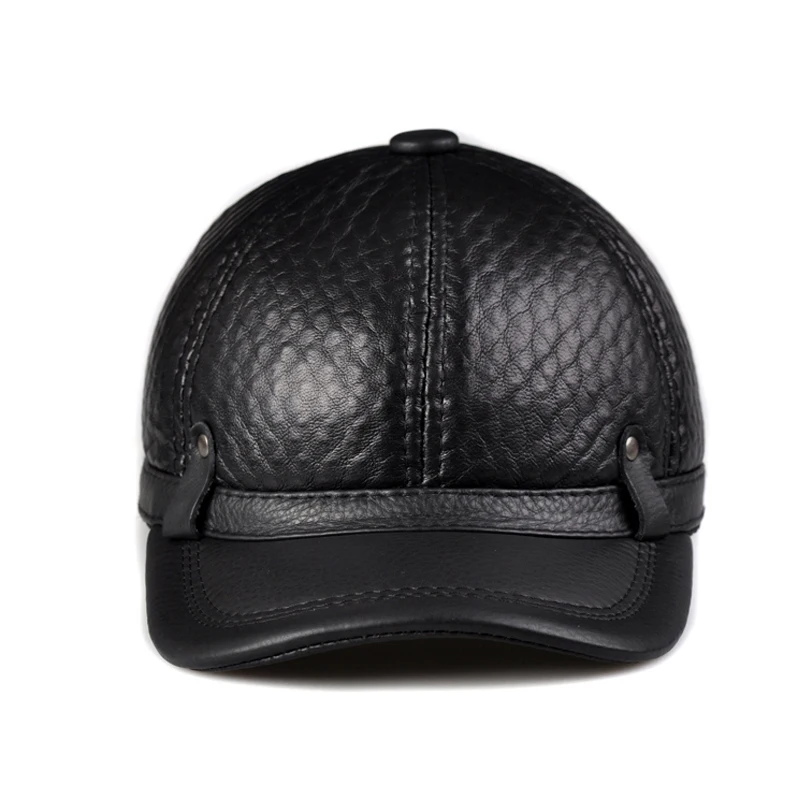 RY131 Male 2023 Spring/Winter Genuine Leather Cowhide Head Protection Baseball Caps Black Plaid Embossing Adjustable Hat For Man