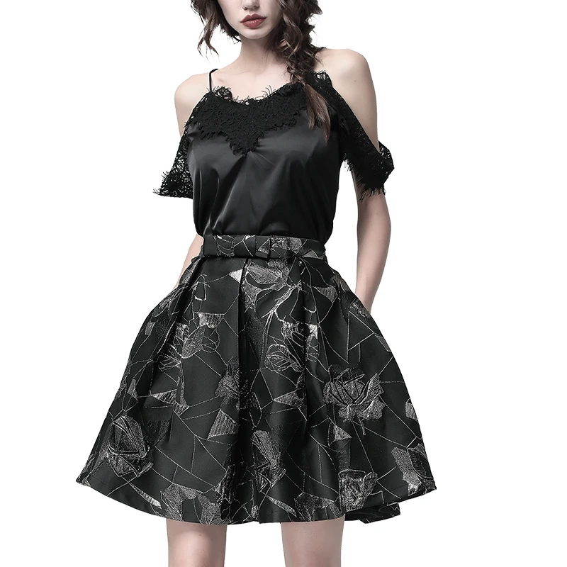 Fashion Womens Black Chiffon Floral Tutu Skirt High Waist Ball Gown Pleated A-Line Flowing Casual Spring Summer Short Skirts