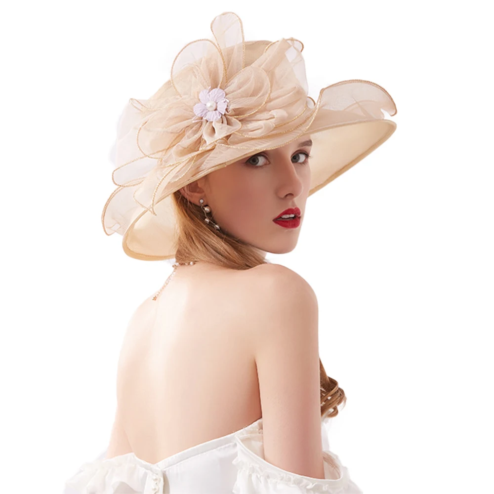 FS Summer Organza Fascinator Foldable Wedding Church Dresses Kentucky Derby Hats For Women Elegant Pink Wide Brim Sun Hat Fedora