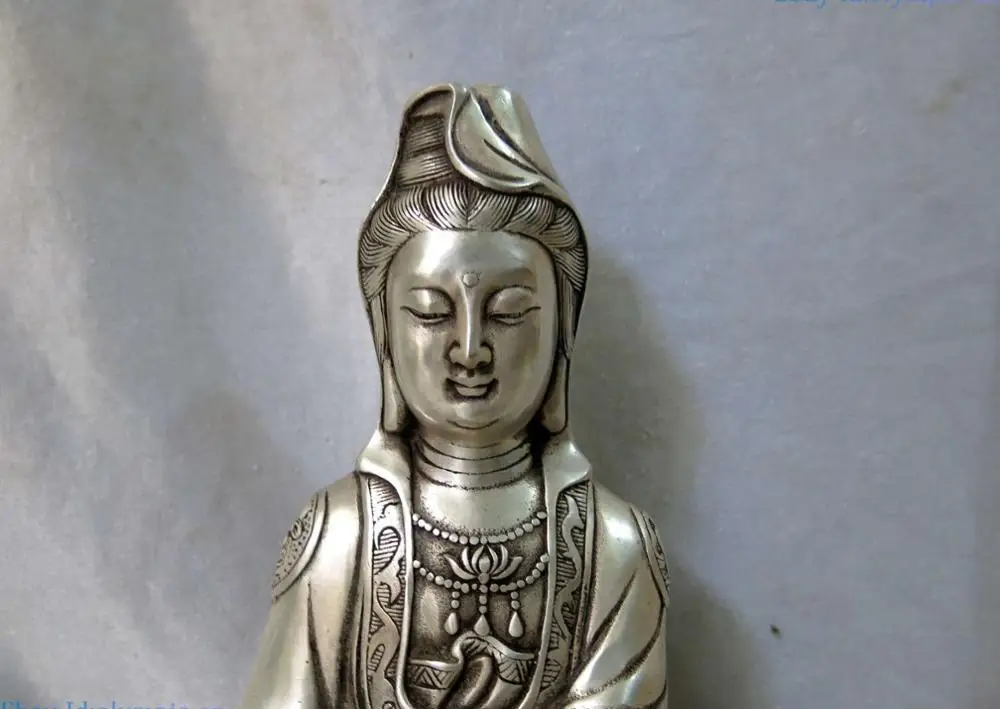 Fine Silver sculpture China buddhism eight treasures Kwan-yin Buddha Statue