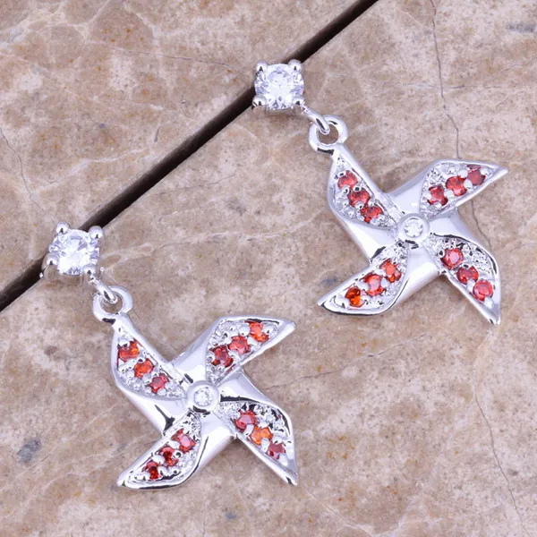 Precious Red Garnet White CZ Silver Plated Dangle Drop Windmill Earrings N1139